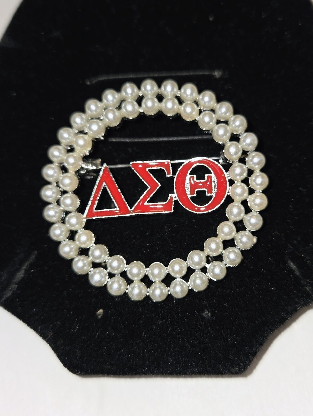 Delta Sigma Theta Set Of 2 Pearl Circle Pin - Red Enamel Greek Letters